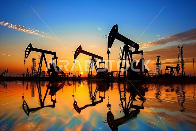 Quality of petroleum extraction tools and equipment, sale and export of underground resources, extraction of oil and oils, silhouette of a drilling rig drilling for oil in the desert at sunset