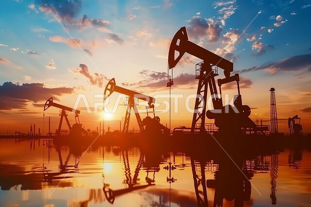 جودة أدوات ومعدات استخراج البترول، بيع وتصدير الثروات الباطنية، استنباط النفط والزيوت، صورة ظليلية لحفارة تقوم بالتنقيب عن النفط في الصحراء وقت غروب الشمس