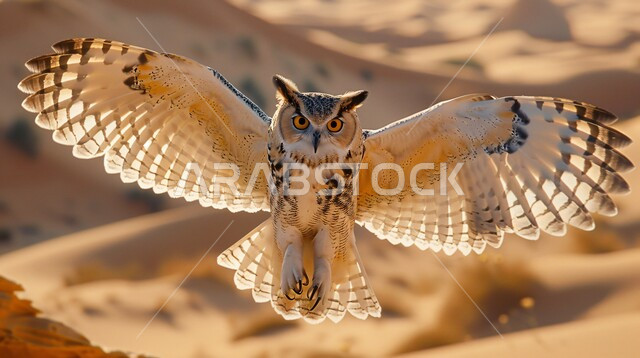 بومة قرناء كبيرة مفترسة حادة البصر, صورة مقربة لطائر البوم يحلق في الجو, صيد الطيور الجارحة في الصحاري العربية, ترويض الحيوانات البرية في المملكة السعودية, إنشاء المحميات الطبيعية والمزارع للحفاظ على الثروة الحيوانية