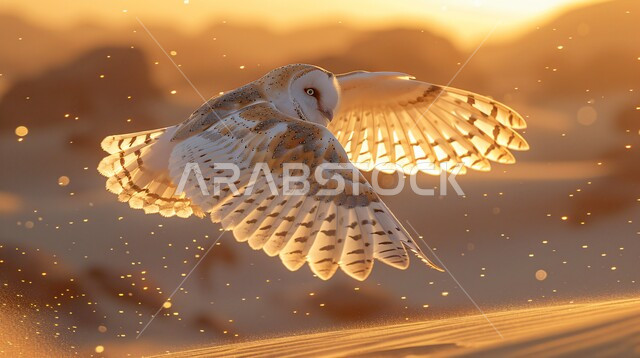 بومة قرناء كبيرة مفترسة حادة البصر, صورة مقربة لطائر البومة النسارية الصحراوية فاردة جناحيها في الجو, صيد الطيور الجارحة في الصحاري العربية, ترويض الحيوانات البرية في المملكة السعودية, إنشاء المحميات الطبيعية والمزارع للحفاظ على الثروة الحيوانية 