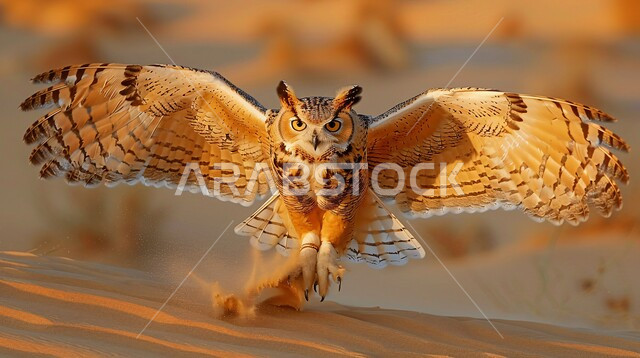 بومة قرناء كبيرة مفترسة حادة البصر, صورة مقربة لطائر البومة النسارية الصحراوية فاردة جناحيها في الجو, صيد الطيور الجارحة في الصحاري العربية, ترويض الحيوانات البرية في المملكة السعودية, إنشاء المحميات الطبيعية والمزارع للحفاظ على الثروة الحيوانية 