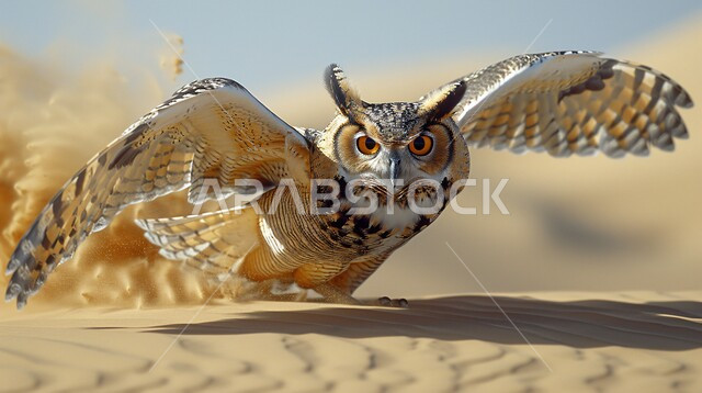 بومة قرناء كبيرة مفترسة حادة البصر, صورة مقربة لطائر البومة النسارية الصحراوية فاردة جناحيها في الجو, صيد الطيور الجارحة في الصحاري العربية, ترويض الحيوانات البرية في المملكة السعودية, إنشاء المحميات الطبيعية والمزارع للحفاظ على الثروة الحيوانية 