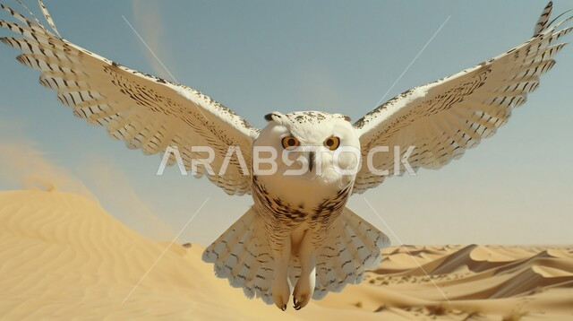 بومة قرناء كبيرة مفترسة حادة البصر, صورة مقربة لطائر البومة النسارية الصحراوية فاردة جناحيها في الجو, صيد الطيور الجارحة في الصحاري العربية, ترويض الحيوانات البرية في المملكة السعودية, إنشاء المحميات الطبيعية والمزارع للحفاظ على الثروة الحيوانية 