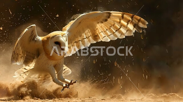 بومة قرناء كبيرة مفترسة حادة البصر, صورة مقربة لطائر البوم يحلق في الجو, صيد الطيور الجارحة في الصحاري العربية, ترويض الحيوانات البرية في المملكة السعودية, إنشاء المحميات الطبيعية والمزارع للحفاظ على الثروة الحيوانية