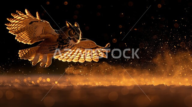 بومة قرناء كبيرة مفترسة حادة البصر, صورة مقربة لطائر البوم يحلق في الجو, صيد الطيور الجارحة في الصحاري العربية, ترويض الحيوانات البرية في المملكة السعودية, إنشاء المحميات الطبيعية والمزارع للحفاظ على الثروة الحيوانية