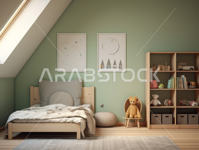 غرفة نوم أطفال بتصاميم معاصرة حديثة، أثاث منزلي فاخر باللون الابيض، ديكورات داخلية مميزة, مكتبة صغيرة و مجموعه من الكتب والألعاب على الرفوف في الفلل والشقق السكنية في المملكة العربية السعودية