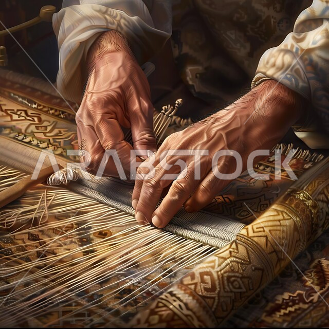 حرف يدوية سعودية، مهن وصناعات تقليدية شعبية قديمة، حرفة صناعة المشالح والمفارش، استخدام الخيوط الملونة، الفنون والمهارات التراثية، صورة مقربة لايدي رجل حرفي عربي خليجي سعودي يقوم بحياكة وغزل النسيج والأقمشة