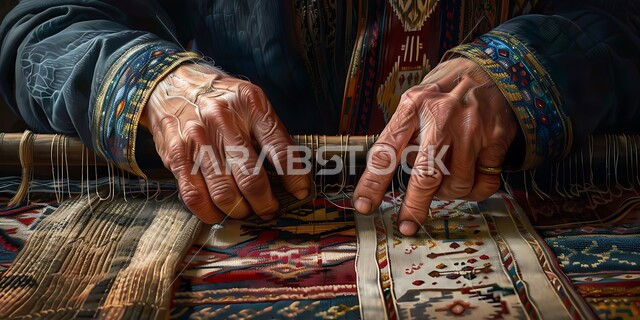 Saudi handicrafts, old popular traditional professions and industries, the craft of making shawls and tablecloths, using colored threads, traditional arts and skills, a close-up photo of the hands of a Saudi Arabian Gulf craftsman weaving and spinning fabrics and textiles