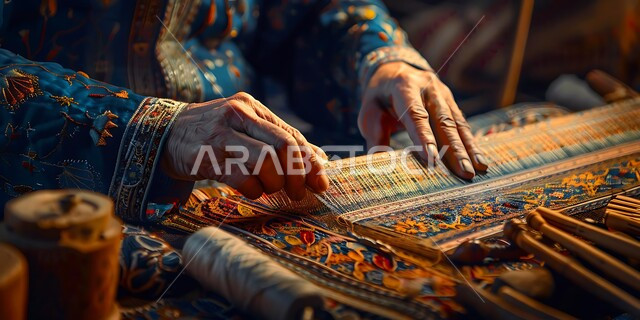 الفنون والمهارات التراثية، استخدام الخيوط الملونة، حرفة صناعة المشالح والمفارش، مهن وصناعات تقليدية شعبية قديمة، حرف يدوية سعودية، صورة مقربة لايدي رجل حرفي عربي خليجي سعودي يقوم بحياكة وغزل النسيج والأقمشة