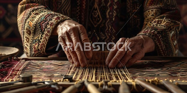 The craft of making shawls and tablecloths, using colored threads, traditional arts and skills, old popular traditional professions and industries, Saudi handicrafts, a close-up photo of the hands of a Saudi Arabian Gulf craftsman weaving and spinning fabrics and textiles