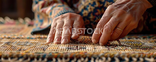 الفنون والمهارات التراثية، استخدام الخيوط الملونة، حرفة صناعة المشالح والمفارش، مهن وصناعات تقليدية شعبية قديمة، حرف يدوية سعودية، صورة مقربة لايدي رجل حرفي عربي خليجي سعودي يقوم بحياكة وغزل النسيج والأقمشة