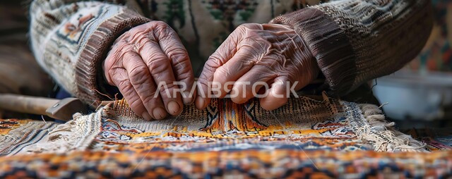 استخدام الخيوط الملونة، الفنون والمهارات التراثية، حرفة صناعة المشالح والمفارش، مهن وصناعات تقليدية شعبية قديمة، حرف يدوية سعودية، صورة مقربة لايدي رجل حرفي عربي خليجي سعودي يقوم بحياكة وغزل النسيج والأقمشة