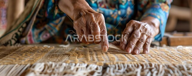 حرفة صناعة المشالح والمفارش، استخدام الخيوط الملونة، الفنون والمهارات التراثية، مهن وصناعات تقليدية شعبية قديمة، حرف يدوية سعودية، صورة مقربة لايدي رجل حرفي عربي خليجي سعودي يقوم بحياكة وغزل النسيج والأقمشة