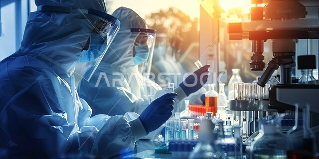  مختبرات الفحوصات الطبية والتحاليل الكيميائية، استعمال الأنابيب الزجاجية المعقمة لتحليل العينات المختلفة،صورة من الجانب لعالمان يرتديان ملابس واقية يعملان في مختبر لفحص الصناعات الدوائية