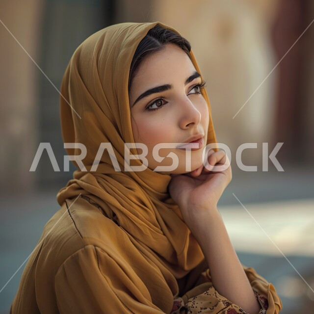 الملامح العربية القوية، أزياء محجبات عصرية وأنيقة، مفهوم الأنوثة والنعومة، الاهتمام بالمظهر الخارجي، بورتريه مقرب لشابة عربية خليجية سعودية ترتدي عباءة ملونة تضع يدها على ذقنها بإيماءات التفكير والتخطيط للمستقبل، تعابير الشرود والتركيز