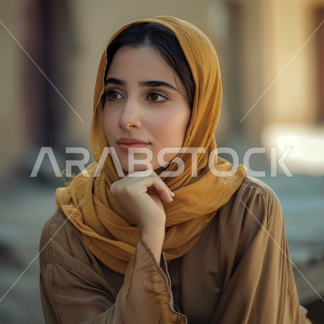 الملامح العربية القوية، أزياء محجبات عصرية وأنيقة، مفهوم الأنوثة والنعومة، الاهتمام بالمظهر الخارجي، بورتريه مقرب لشابة عربية خليجية سعودية ترتدي عباءة ملونة تضع يدها على ذقنها بإيماءات التفكير والتخطيط للمستقبل، تعابير الشرود والتركيز
