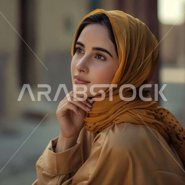 Strong Arab features, modern and elegant veiled fashion, the concept of femininity and softness, interest in outward appearance, a close-up portrait of a young Saudi Arabian Gulf woman wearing a colorful abaya, placing her hand on her chin with gestures of thinking and planning for the future, expressions of distraction and concentration