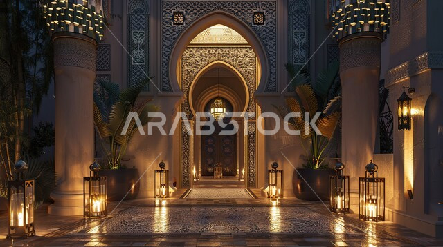 الأقواس التقليدية و الزخارف النباتية لأحد المباني التاريخية, الديكورات المميزة على الطراز العربي الإسلامي, الفوانيس المعدنية المضيئة داخل الممر, التصاميم الداخلية الراقية للمداخل في المملكة العربية السعودية