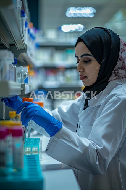 معمل الصناعات الدوائية، مختبرات الفحوصات الطبية والتحاليل الكيمائية، استخدام الأنابيب الزجاجية المعقمة لتحليل العينات المختلفة، صورة مقربة من الجانب لمخبرية محجبة ترتدي القفازات والمعطف الطبي تقوم بإجراء تجارب وبحوث علمية عبر التكنولوجيا الحيوية