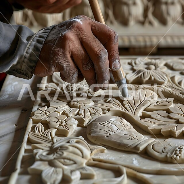 منحوتات وزخارف وأعمال فنية يدوية، الصناعات التشكيلية اليدوية، مهن وحرف شعبية تراثية، معارض للمواهب والفنون، صورة مقربة ليد نحات عربي خليجي سعودي يقوم بالنحت والرسم على قطع السيراميك والجص