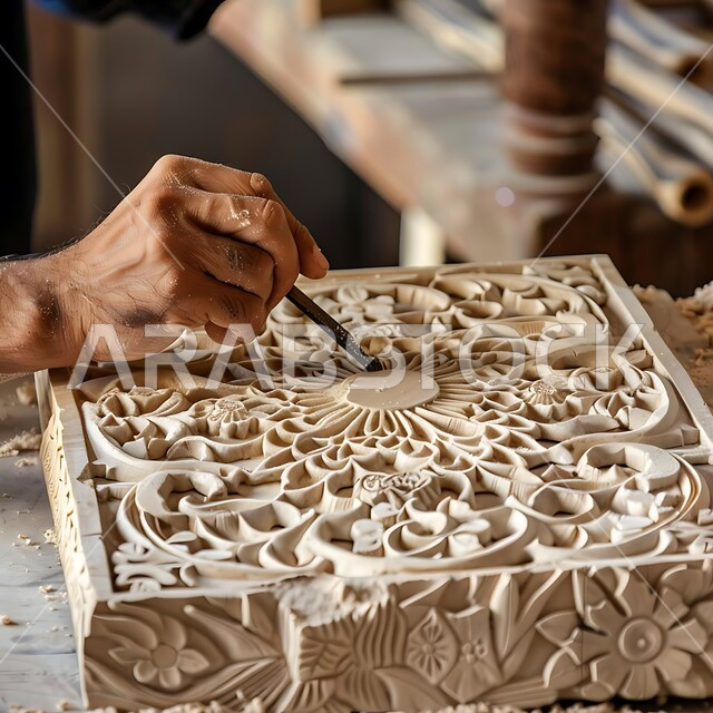 منحوتات وزخارف وأعمال فنية يدوية، الصناعات التشكيلية اليدوية، مهن وحرف شعبية تراثية، معارض للمواهب والفنون، صورة مقربة ليد نحات عربي خليجي سعودي يقوم بالنحت والرسم على قطع السيراميك والجص