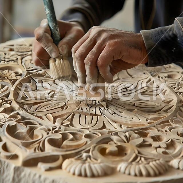 Handicrafts, traditional folk crafts and professions, exhibitions of talents and arts, sculptures, decorations and handicrafts, a close-up of the hand of a Saudi Arabian Gulf sculptor sculpting and drawing on ceramic and plaster pieces