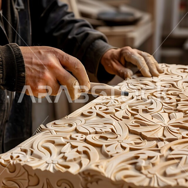 مهن وحرف شعبية تراثية، معارض للمواهب والفنون، الصناعات التشكيلية اليدوية، منحوتات وزخارف وأعمال فنية يدوية، صورة مقربة ليد نحات عربي خليجي سعودي يقوم بالنحت والرسم على قطع السيراميك والجص