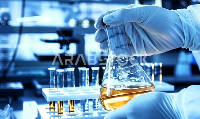 مختبرات الفحوصات الطبية والتحاليل الكيمائية، صورة مقربة ليد مخبري يرتدي القفازات و يمسك بيده أنابيب الاختبار، استخدام الأنبوبة الزجاجية المعقمة لتحليل العينات المختلفة، إجراء تجارب وبحوث علمية عبر التكنولوجيا الحيوية، معمل الصناعات الدوائية