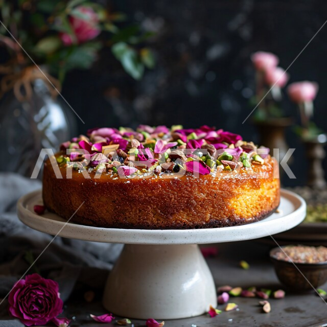 Distinctive dessert recipes, close-up photo of fresh cheesecake decorated with roses and pistachios with a delicious vanilla cream filling, birthdays and occasions, foods and meals full of sugars and calories, the art of presentation in the kitchens of the Kingdom of Saudi Arabia