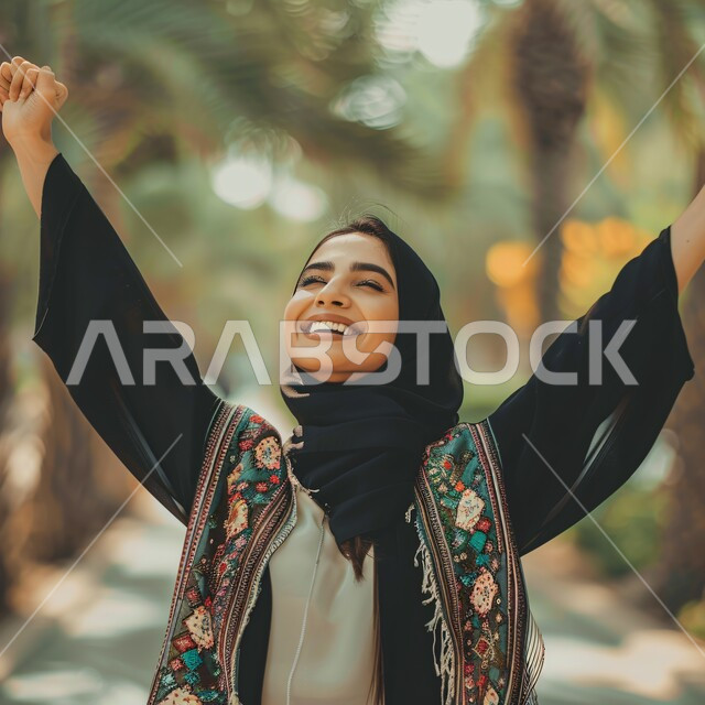 إيماءات تدل على الفرح والسعادة، ملابس وحجابات نسائية بتصاميم عصريه مميزة وراقية، مفهوم الأنوثة والنعومة والاهتمام بالمظهر الخارجي، امرأة عربية خليجية سعودية ترتدي الحجاب والعباءة السوداء ترفع يديها للأعلى دليل على السرور