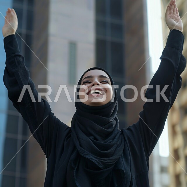 إيماءات تدل على الفرح والسعادة، ملابس وحجابات نسائية بتصاميم عصريه مميزة وراقية، مفهوم الأنوثة والنعومة والاهتمام بالمظهر الخارجي، امرأة عربية خليجية سعودية ترتدي الحجاب والعباءة السوداء ترفع يديها للأعلى دليل على السرور  