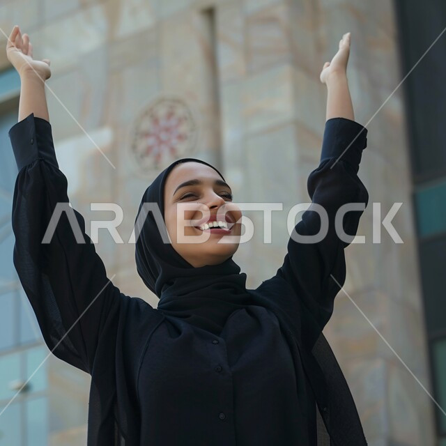 Gestures indicating joy and happiness, women's clothing and hijabs with distinctive and elegant modern designs, the concept of femininity, softness and interest in outward appearance, a Saudi Arabian Gulf woman wearing the hijab and black abaya raising her hands up as a sign of pleasure