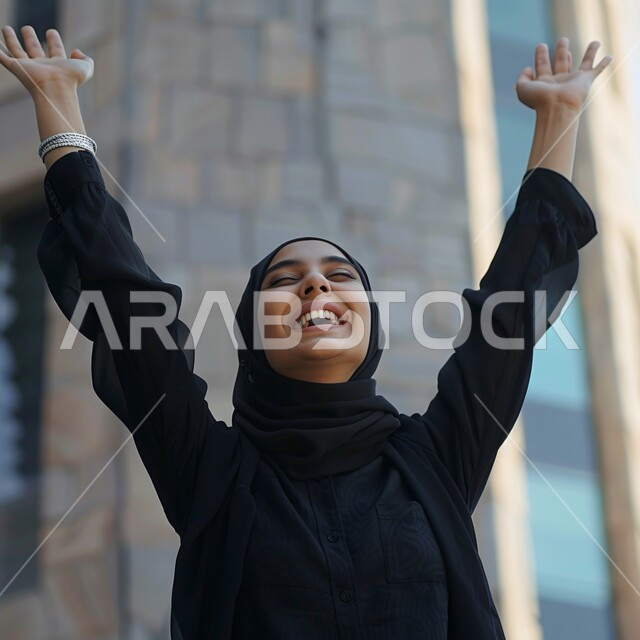 إيماءات تدل على الفرح والسعادة، ملابس وحجابات نسائية بتصاميم عصريه مميزة وراقية، مفهوم الأنوثة والنعومة والاهتمام بالمظهر الخارجي، امرأة عربية خليجية سعودية ترتدي الحجاب والعباءة السوداء ترفع يديها للأعلى دليل على السرور  