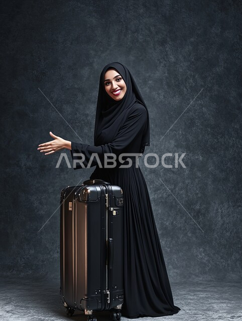 مد اليدين للمصافحة، بورتريه لإمرأة عربية خليجية سعودية مبتسمة ترتدي العباءة السوداء تمسك بيدها حقيبة السفر بتعابير الانطلاق لبدء الرحلة, صورة الجسم بالطول الكامل, خلفية سوداء