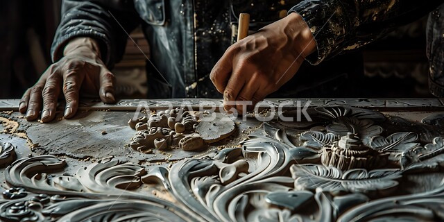 Sculptures, decorations and handmade artworks, exhibitions of talents and arts, traditional folk crafts and professions, handmade plastic industries, a close-up of the hand of a Saudi Arabian Gulf sculptor sculpting and drawing on pieces of metal and iron