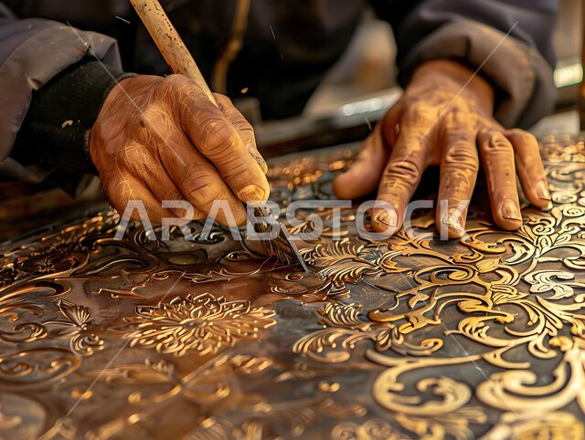 Sculptures, decorations and handmade artworks, exhibitions of talents and arts, traditional folk crafts and professions, handmade plastic industries, a close-up of the hand of a Saudi Arabian Gulf sculptor sculpting and drawing on pieces of metal and iron