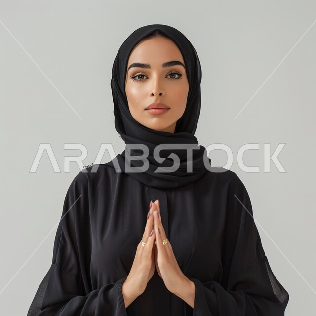 مفهوم طلب العون، التضرع و التوسل إلى الله، الرغبه في تحقيق الأمنيات، بورتريه مقرب لامرأة عربية خليجية سعودية محجبة ترتدي عباءة سوداء ترفع يديها بايماءات طلب المساعدة، خلفية رمادية