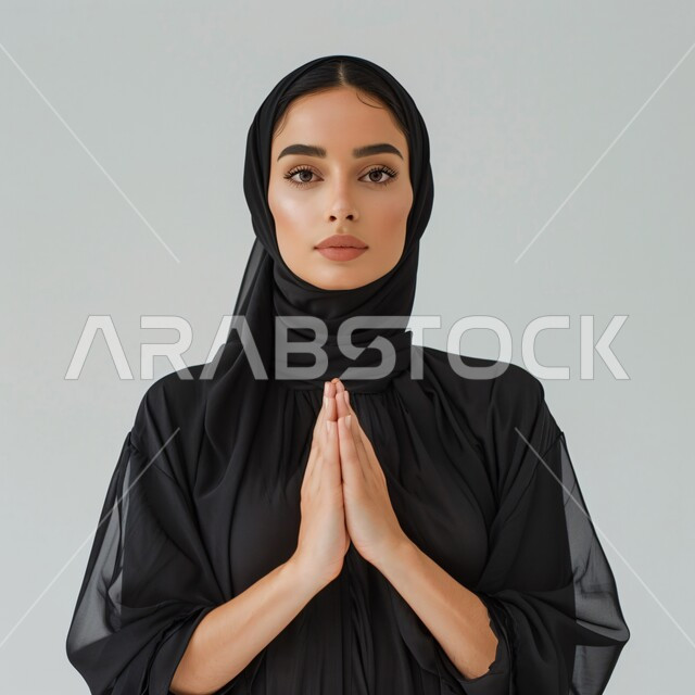 The concept of asking for help, supplication and beseeching God, desire to fulfill wishes, close-up portrait of a veiled Saudi Arabian Gulf woman wearing a black abaya raising her hands in gestures of asking for help, gray background