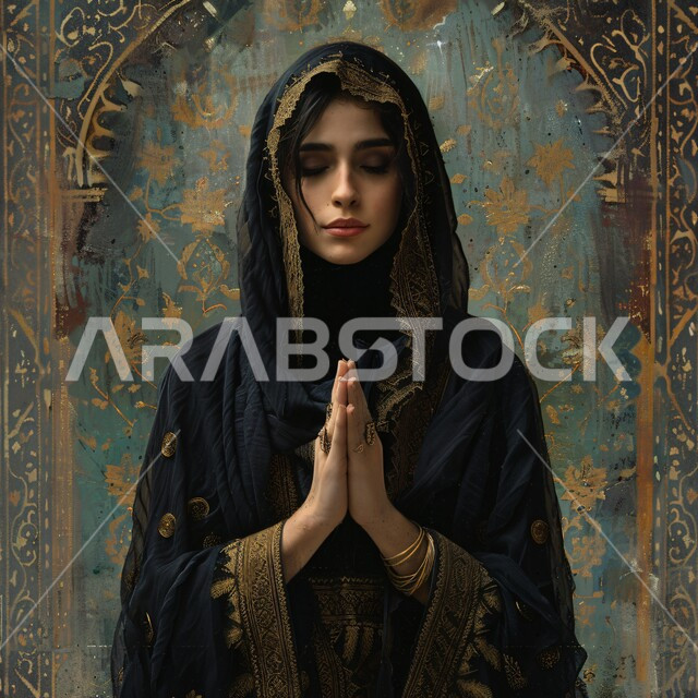The concept of asking for help, supplication and beseeching God, the desire to fulfill wishes, a close-up portrait of a veiled Saudi Arabian Gulf woman wearing a black abaya raising her hands in gestures of asking for help, decorative background
