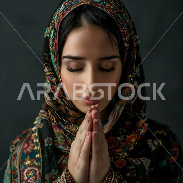مفهوم طلب العون، التضرع و التوسل إلى الله، الرغبه في تحقيق الأمنيات، بورتريه مقرب لامرأة عربية خليجية سعودية محجبة ترتدي عباءة مطرزة ترفع يديها بايماءات طلب المساعدة، خلفية رمادية