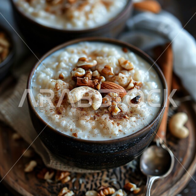 طبق من الحبوب بالحليب والأرز المزين بالمكسرات المحمصة، منتجات محلية وطنية، مأكولات غنية بالسكريات والسعرات الحرارية، أطباق الفطور المغذية والمفيدة، فنون التقديم في مطاعم المملكة العربية السعودية