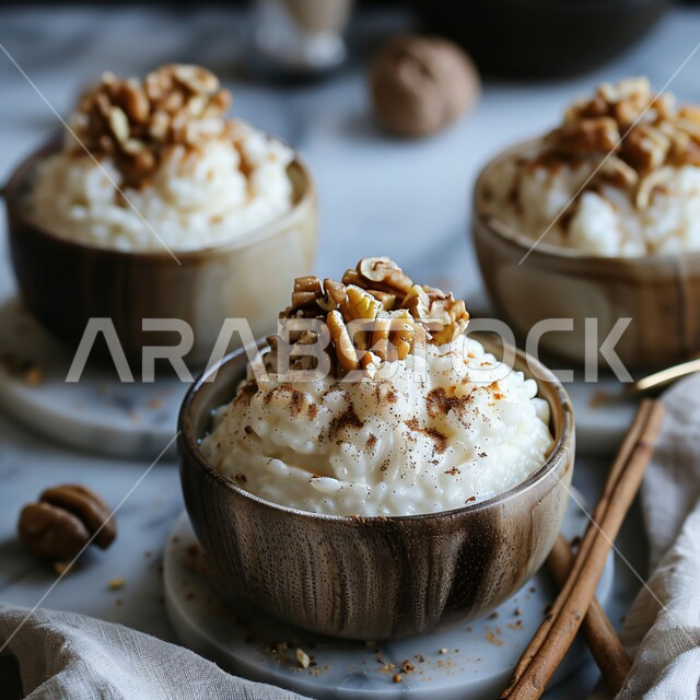 طبق من الحبوب بالحليب والأرز المزين بالمكسرات المحمصة، منتجات محلية وطنية، مأكولات غنية بالسكريات والسعرات الحرارية، أطباق الفطور المغذية والمفيدة، فنون التقديم في مطاعم المملكة العربية السعودية