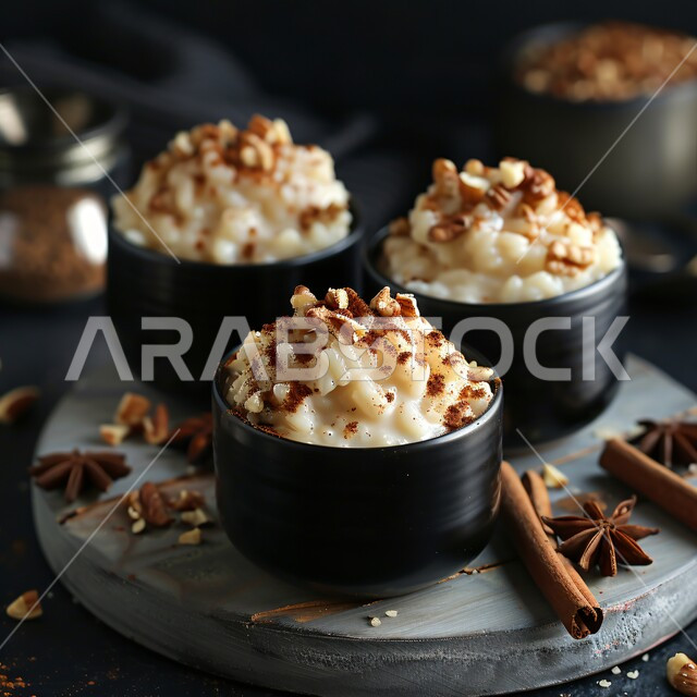 طبق من الحبوب بالحليب والأرز المزين بالمكسرات المحمصة، منتجات محلية وطنية، مأكولات غنية بالسكريات والسعرات الحرارية، أطباق الفطور المغذية والمفيدة، فنون التقديم في مطاعم المملكة العربية السعودية