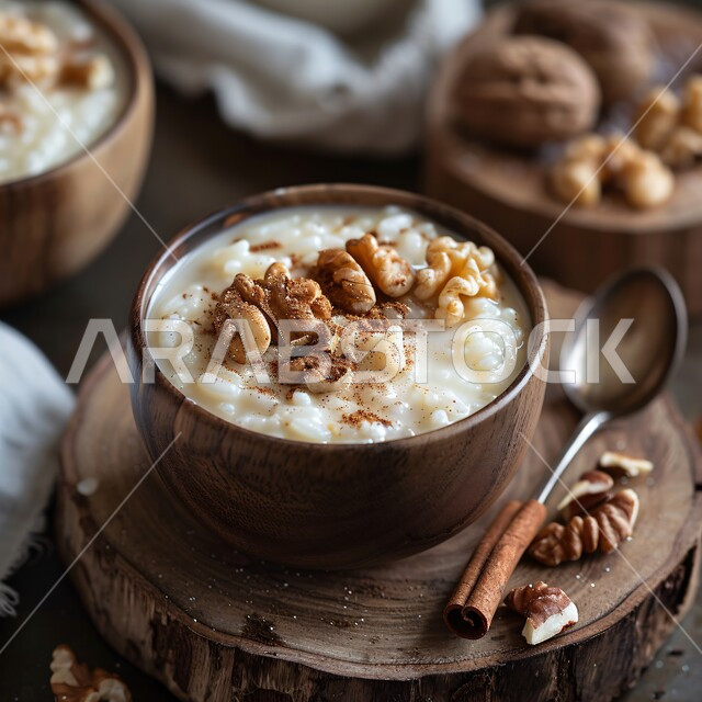 طبق من الحبوب بالحليب والأرز المزين بالمكسرات المحمصة، منتجات محلية وطنية، مأكولات غنية بالسكريات والسعرات الحرارية، أطباق الفطور المغذية والمفيدة، فنون التقديم في مطاعم المملكة العربية السعودية