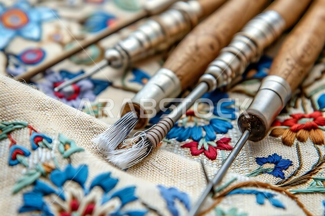 الفخر والتباهي بالحرف والتراث الخليجي السعودي، فن ومهارة الخياطة والغزل, أعمال تقليدية شعبية, مشغولات وصناعات يدوية, الرسم والزخرفة على الأقمشة باستخدام الخيوط الملونة والأدوات الخاصة بالتطريز