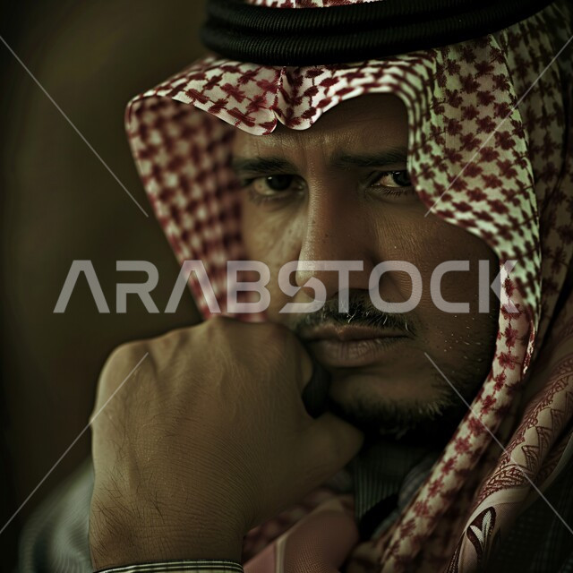 الاهتمام بالأناقة والمظهر الخارجي، الأزياء التراثية العصرية، بورتريه مقرب لرجل عربي خليجي سعودي يرتدي الشماغ والبشت التقليدي يضع يده على ذقنه ينظر بإيماءات الجدية والحزم، الشعور بالثقة في النفس، خلفية سوداء 