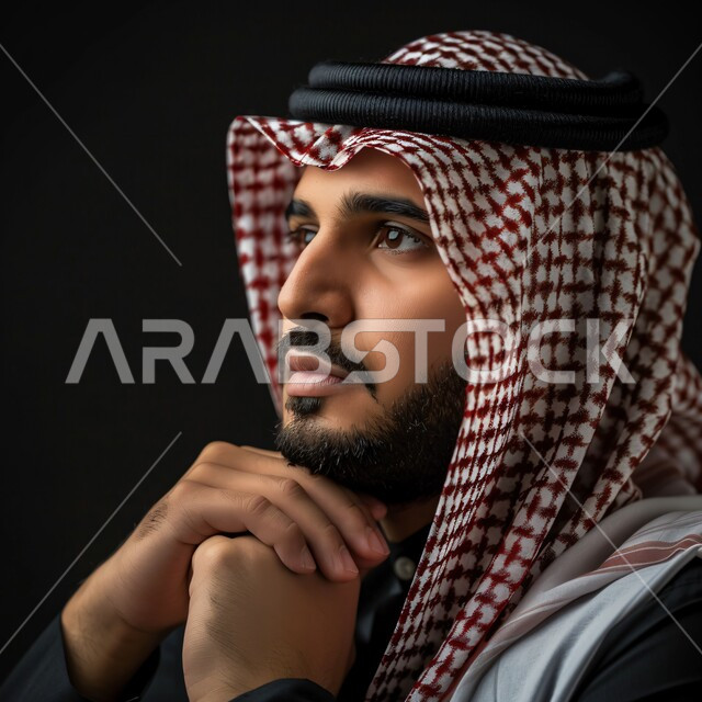 الاهتمام بالأناقة والمظهر الخارجي، بورتريه مقرب لرجل عربي خليجي سعودي يرتدي الشماغ والثوب التقليدي باللون الاسود يضع يده على ذقنه ينظر إلى مكان ما  بإيماءات الجدية والحزم، الشعور بالثقة في النفس، خلفية سوداء