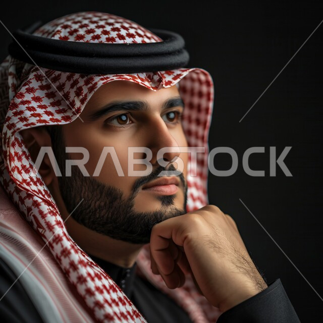 الاهتمام بالأناقة والمظهر الخارجي، بورتريه مقرب لرجل عربي خليجي سعودي يرتدي الشماغ والثوب التقليدي باللون الاسود يضع يده على ذقنه ينظر إلى مكان ما  بإيماءات الجدية والحزم، الشعور بالثقة في النفس، خلفية سوداء