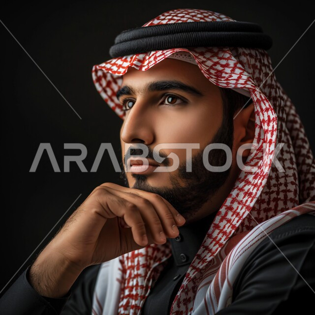 الاهتمام بالأناقة والمظهر الخارجي، بورتريه مقرب لرجل عربي خليجي سعودي يرتدي الشماغ والثوب التقليدي باللون الاسود يضع يده على ذقنه ينظر إلى مكان ما  بإيماءات الجدية والحزم، الشعور بالثقة في النفس، خلفية سوداء