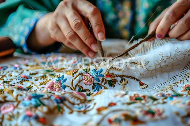 مشغولات وصناعات يدوية, أعمال تقليدية شعبية, فن ومهارة الخياطة والغزل, صورة مقربة ليد إمرأة عربية خليجية سعودية تقوم بالرسم والزخرفة على الأقمشة, استخدام الخيوط الملونة والأدوات الخاصة بالتطريز, الفخر والتباهي بالحرف والتراث الخليجي السعودي